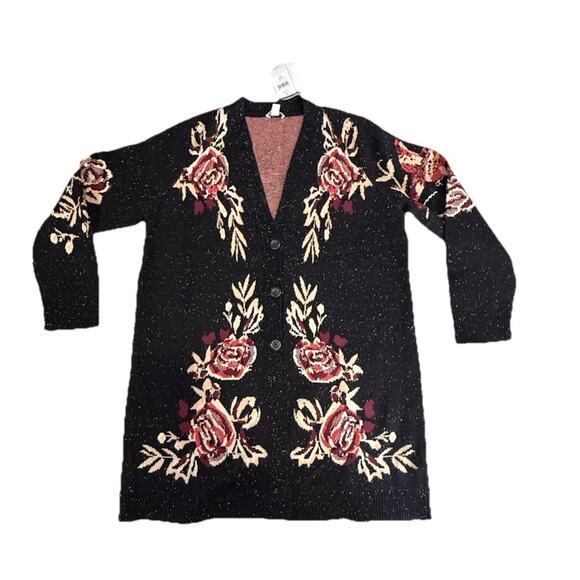 J. Jill Black Red Tan Floral Print Long Button Cardigan Medium Petite MP NEW - Picture 2 of 4